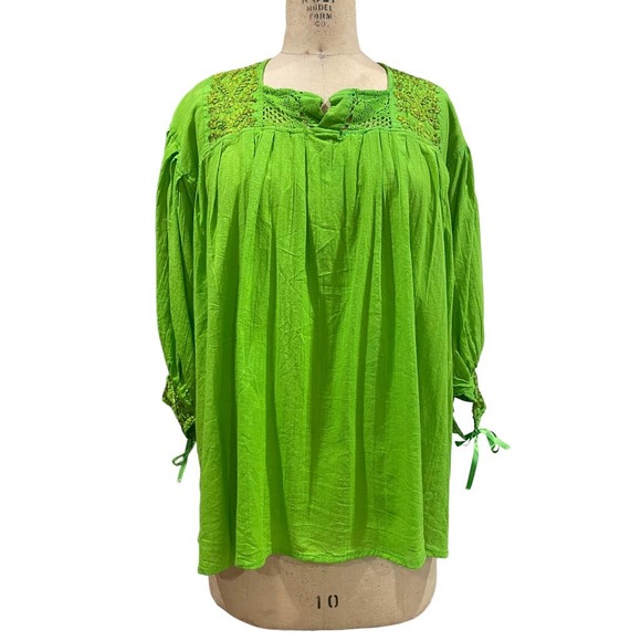 Artesanias Womens Peasant Blouse Lime Green Flowy Loose Fit OS - Picture 1 of 6